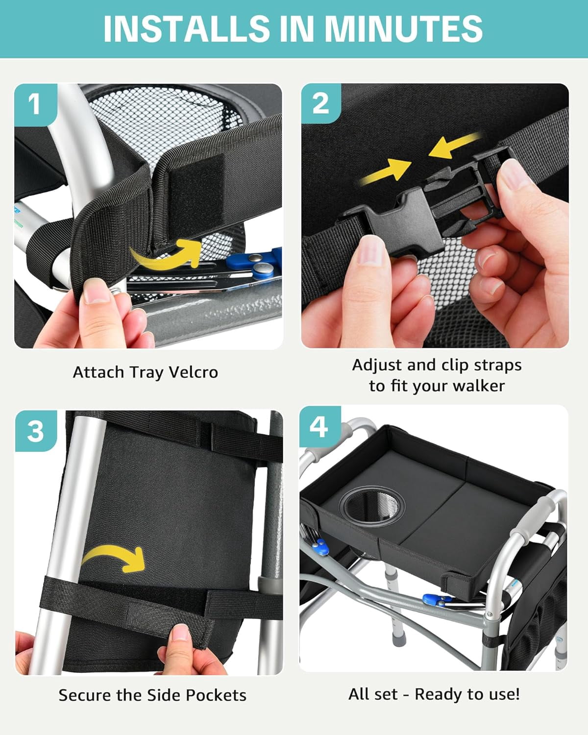 Folding Walker Tray with Cup Holder & Side Pockets, Spill-Proof Dining Tray for Rolling Walkers