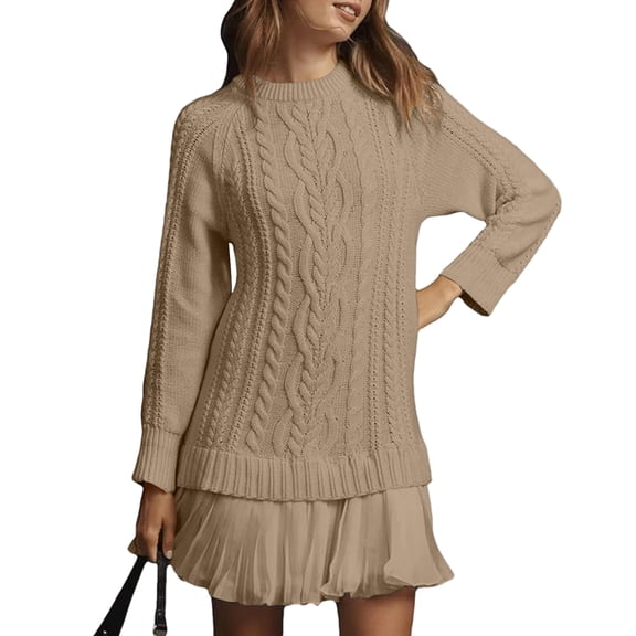 Mohiass Sweater Dress with Skirt, Cableknit Sweater Dress, Crewneck Long Sleeve Pleated Mini Dress Khaki S