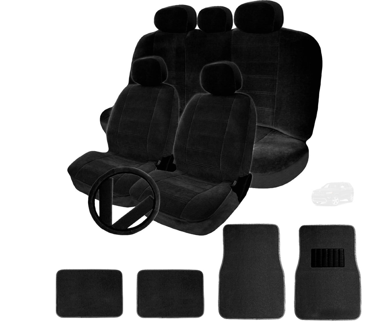 New Semi Custom Premium Grade Black Velour Car Seat and Steering Wheel Covers with Floor Mats
