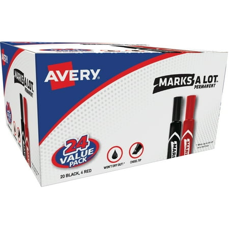 Marks A Lot Colored Markers - Avery® Marks-A-Lot® Desk-Style Permanent Markers, Chisel Tip, (20 Black, 4 Red) Value Pack of 24 (98187)