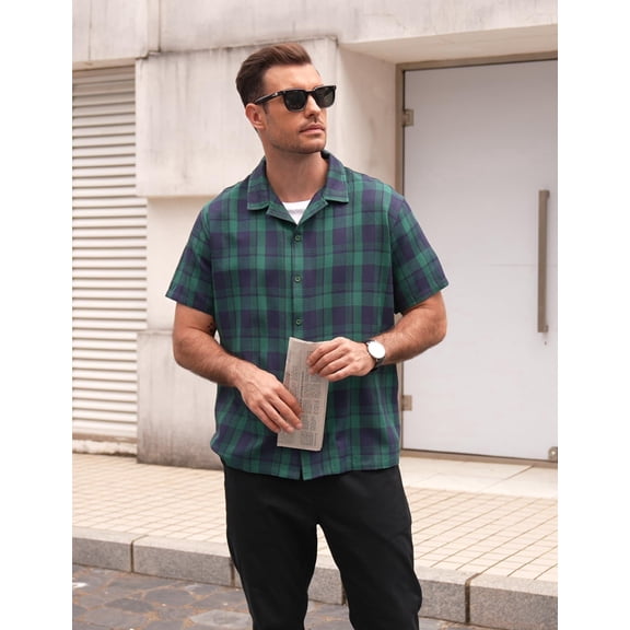 COOFANDY Mens Short Sleeve Button Down Shirt Plaid Button Up Shirts Casual 75% Cotton Work Shirts