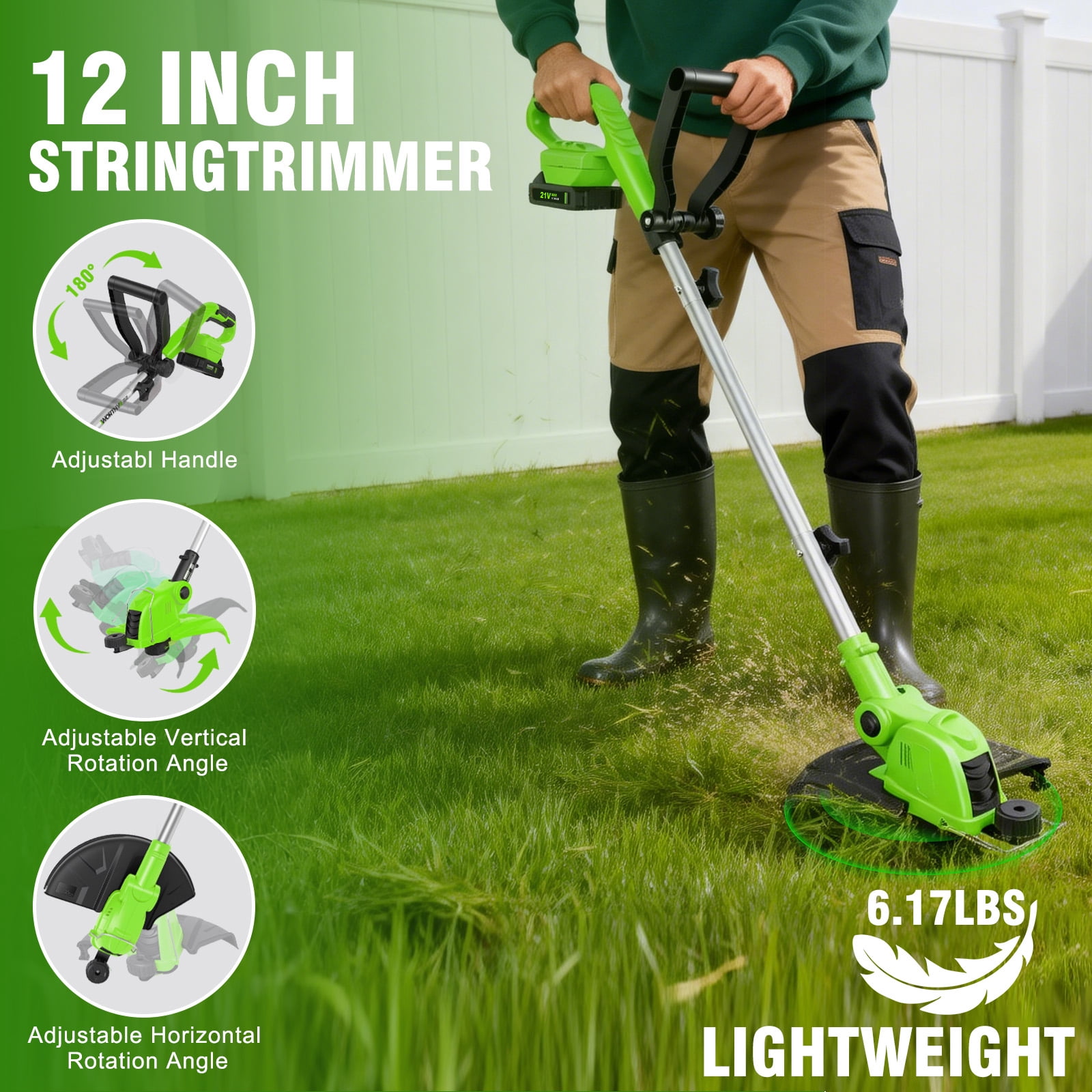 CATGOOD String Trimmer Cordless, 2AH Lawn Tool with 12" Cutting Width, Weed Wacker with Auto Spool Feed, 2 Batteries and Fast Charger, Green