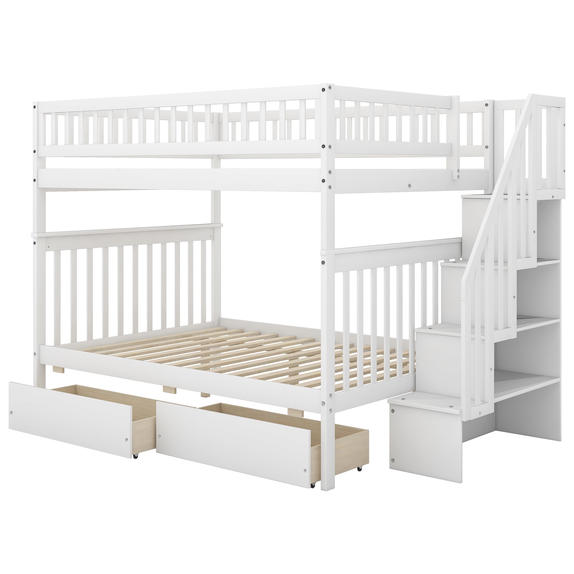 Euroco Full over Full Bunk Bed with Storage Shelves and 2 Under Storage Drawers for Kids Teens Room, White