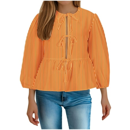 RbCulf Long Sleeve Shirts for Womens Cute Babydoll Tops Lightning Sale Lace-Up Front Peplum Blouses Summer Casual Striped Graphic Tees