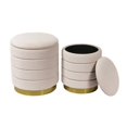 thumbnail image 1 of Pouf de Rangement Rond en Velours Beige avec Base en Chrome Doré (Lot de 2), 1 of 3