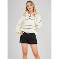 thumbnail image 4 of Women'S Slouchy Waffle Knit Sweater 1/2 Button Collared Pullover Striped Sweater Tops White M, 4 of 7