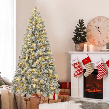 Posrue 5FT Pre-Lit Hinged Christmas Tree Snow Flocked with 600 Tips 200 Lights