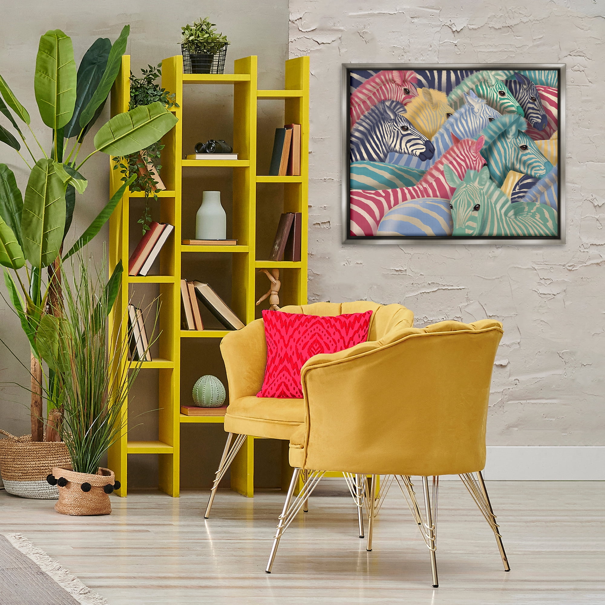 Stupell Industries Modern Hued Zebras Animals Painting Gray Floater Framed Canvas Art Print Wall Art, 31 x 25
