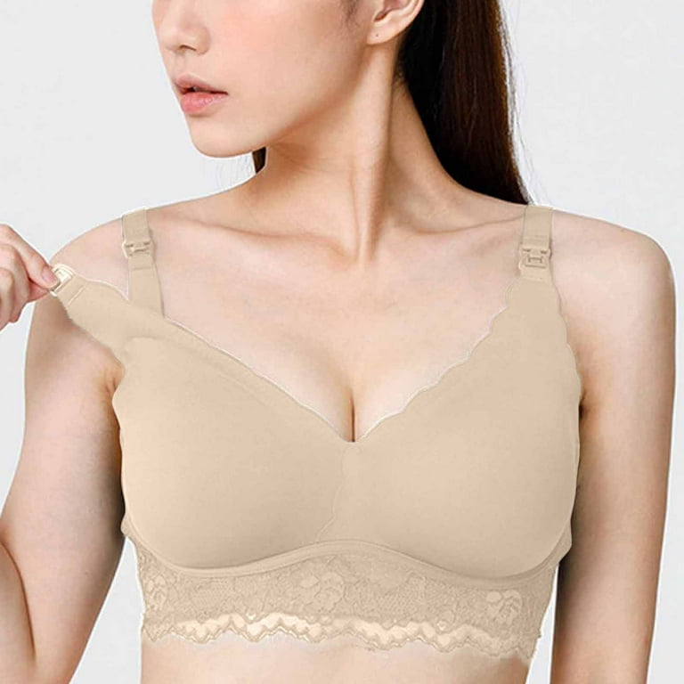 JGGSPWM Women's Sexy Ultra-thin Lace Bra Without Steel Ring Breast Upward  Opening Feeding Bra Khaki XXL