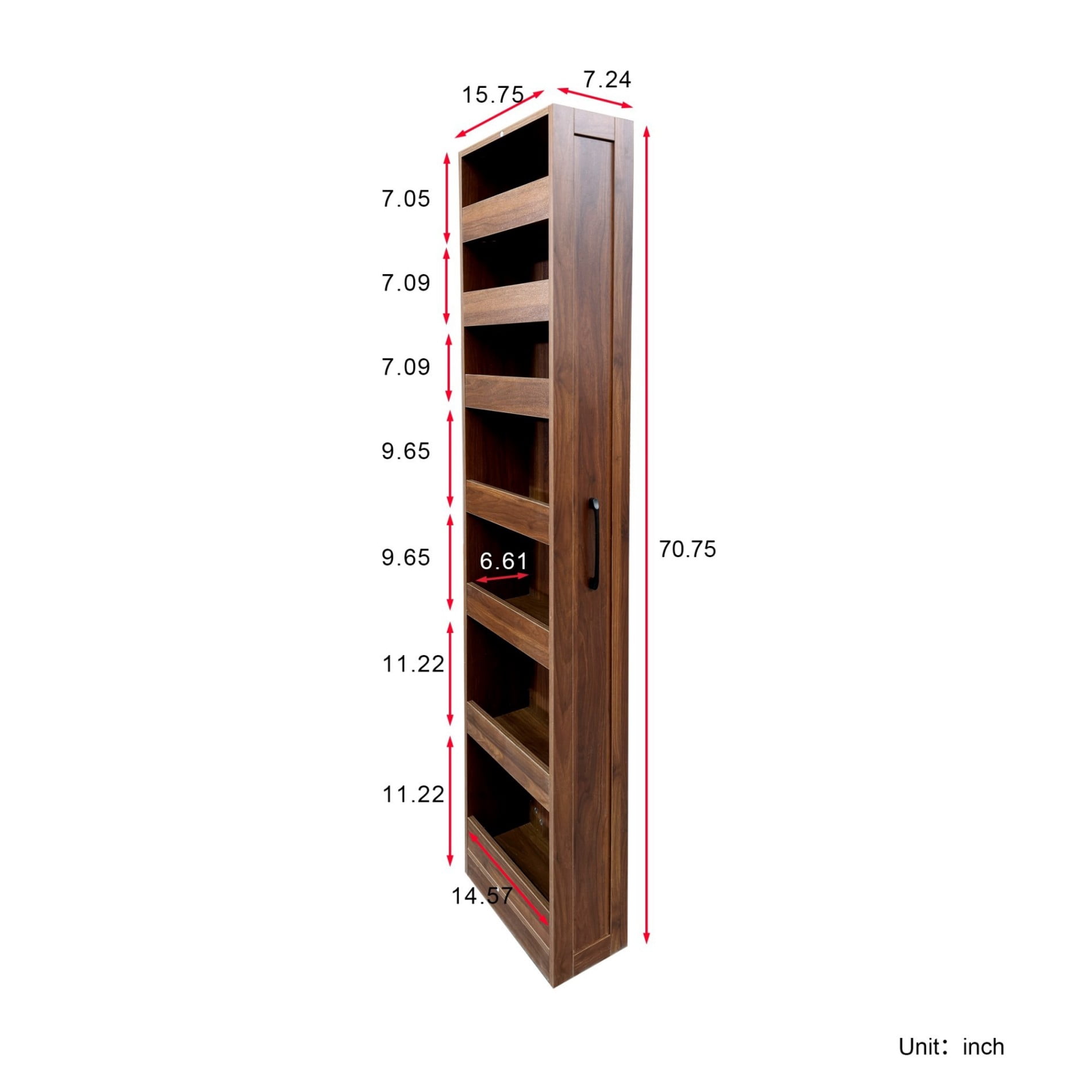 7 Tier Slim Rolling Storage Cart, Narrow Pull-Out Storage Organizer with Wheels and Handle, Space Saving Shelf for Kitchen, Bathroom, Laundry Room, Walnut