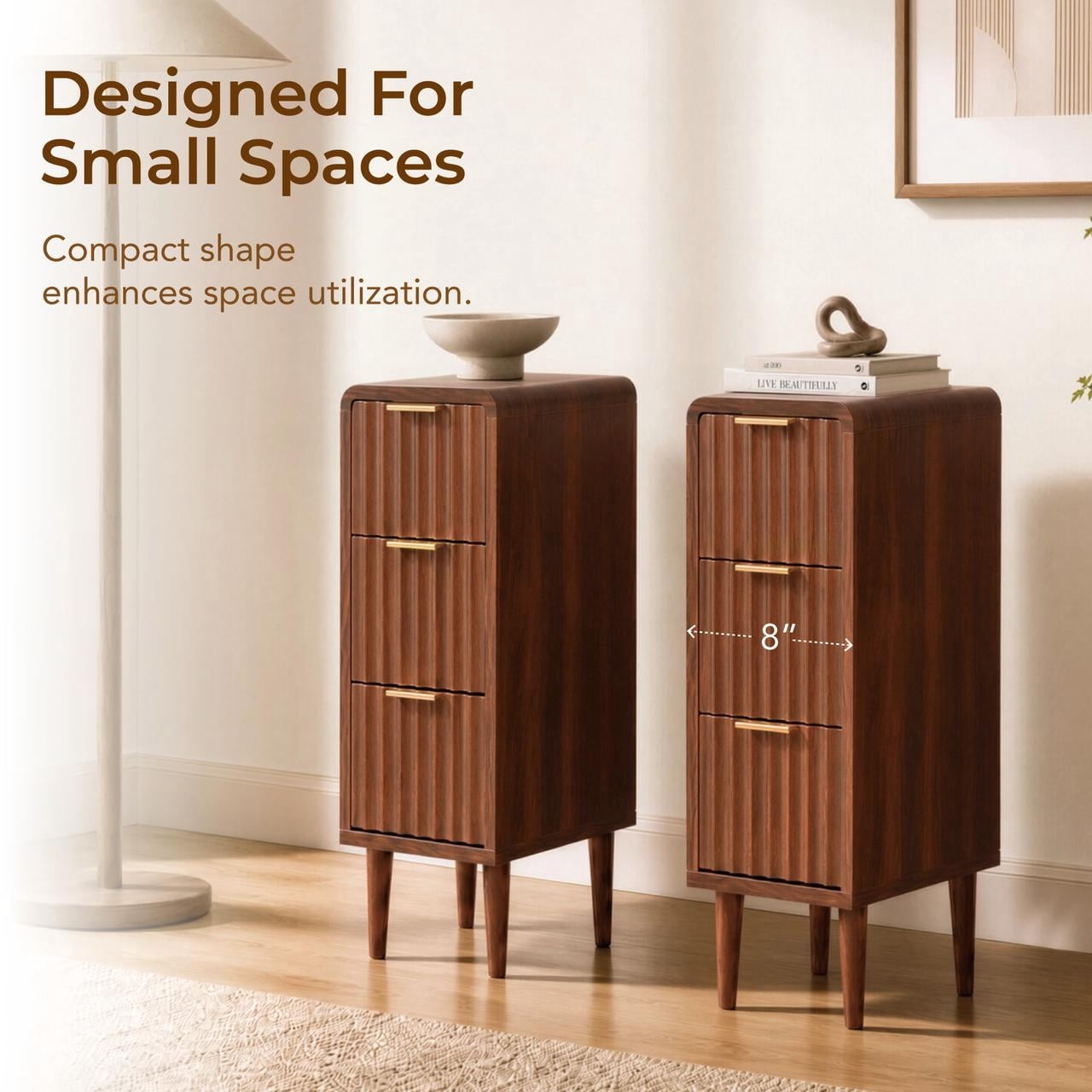 Spruce & Spring Mid-Century Modern Narrow Nightstand with 3 Drawers for Bedroom & End Table for Small Spaces, Fluted Front, Walnut