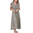 thumbnail image 1 of Vestido largo casual de mujer con volantes en las mangas, escote en V, estilo bohemio, fluido, con cintura elástica fruncida, talla XL, multicolor, 1 of 6