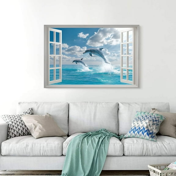 1pc Seaview Dolphins Wall Sticker,Natural Scenery Rectangle Wall Decal for Living Room, Bedroom, Dining Area, or Entryway Decor