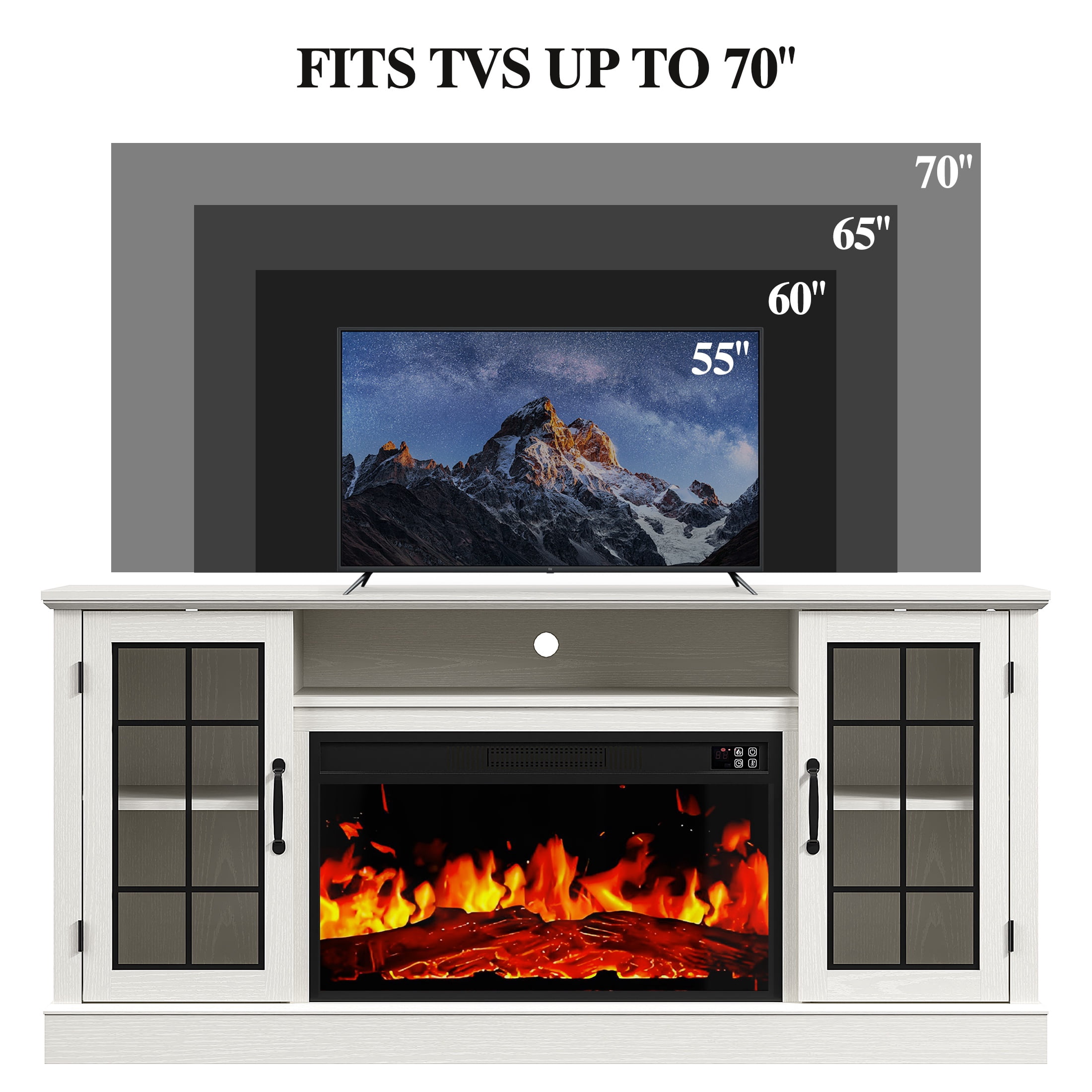 PAPROOS 63" Fireplace TV Stand for TVs up to 70" with 32" Electric Fireplace, Entertainment Center with LED, Modern Television Table Center With Remote Control for Living Room, White