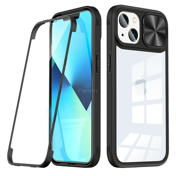 For Apple iPhone 14 6.1 inch Transparent Crystal Build-in Screen Slide Lens Shockproof Protective Hybrid Case Cover Black