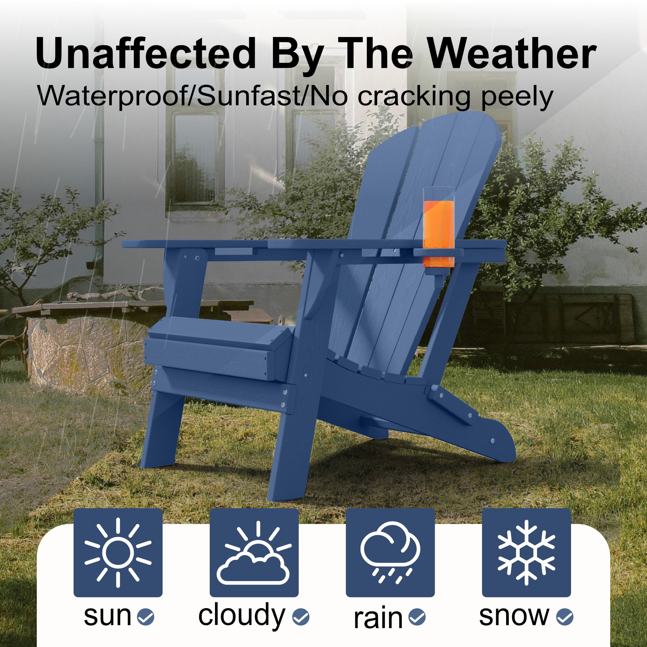 AreShark Adirondack Chair,HDPE All-Weather Patio Chairs Outdoor with Cup Holder, Lawn Chair with Weather Resistant for Outside Deck Lawn Garden, Weight Capacity Up to 380 Lbs –Navy
