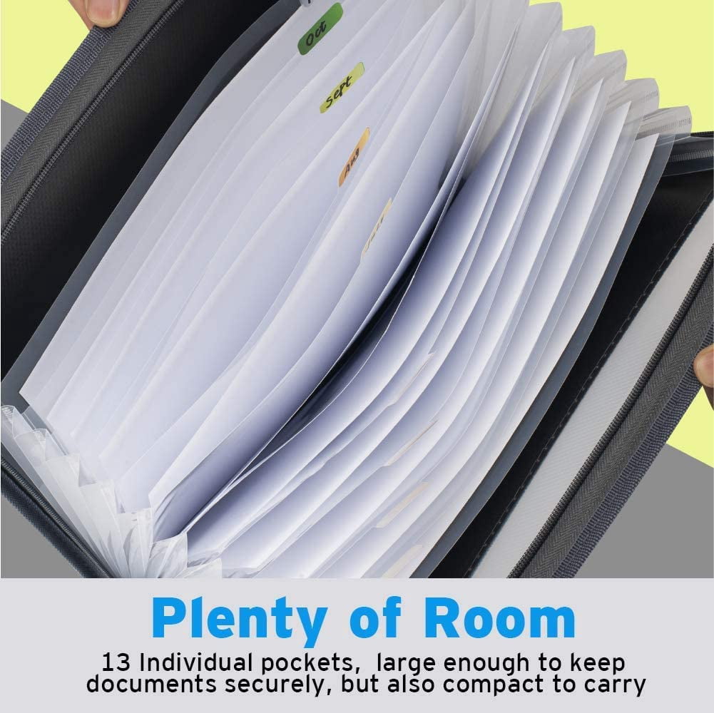 13-Pocket Accordion File Folder Organizer with Sticky Labels and Zipper Closure for Letter/A4 Size Documents