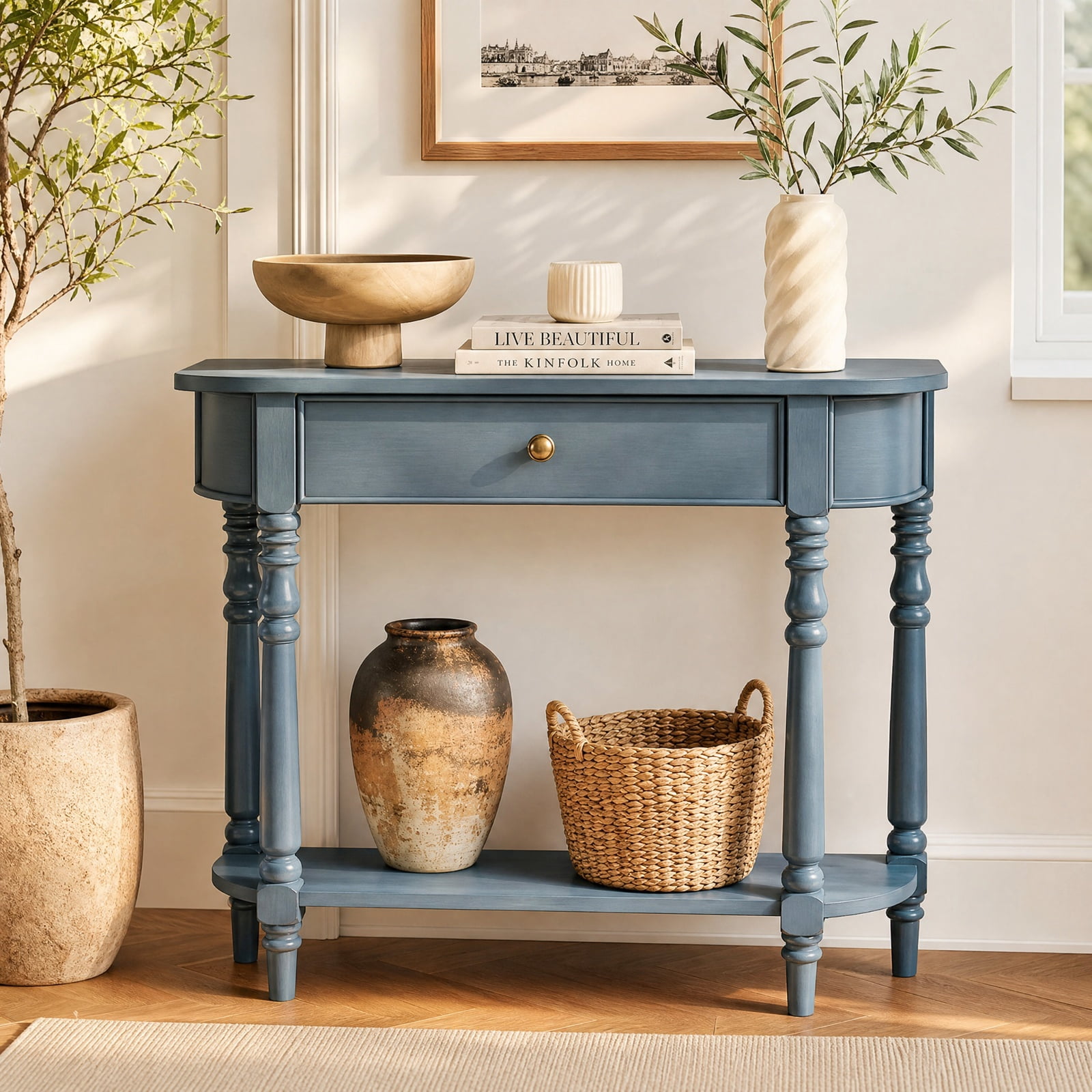 Furnibear Retro Narrow Console Table 36 Inch Wooden 2 Tier Sofa Table with Drawer for Entryway Hallway and Behind Couch, Blue