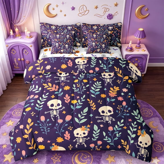 Manfei Cartoon Skull 7-Piece Twin Bedding,Flying Bat Print Halloween Bedding Comforter Set,Halloween Reversible
