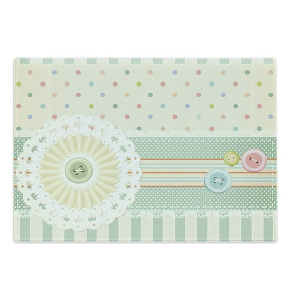 Shabby Flora Cutting Board, Sewing Theme Border with Button Floral Patch Traditional Lace Like Dots Print, Decorative Tempered Glass Cutting and Serving Board, Large Size, Multicolor, by Ambesonne