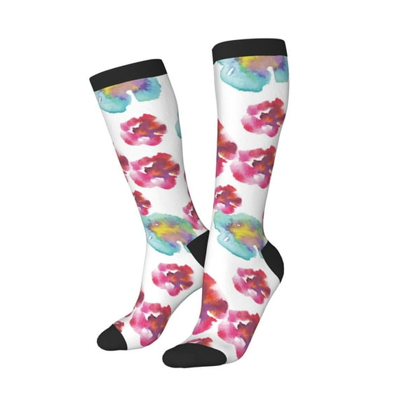 Knee High Socks for Women Men Athletic - Pink watercolor flowers Thigh-High Black Sole Comfort Breathable Long Socks for Casual Travel Running