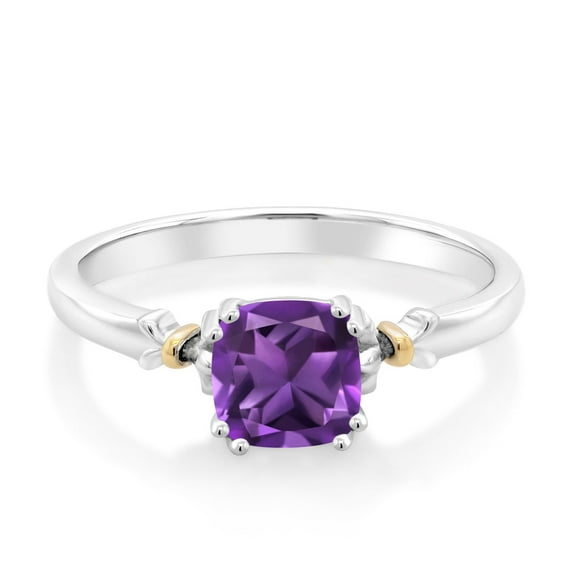 Gem Stone King 925 Silver and 10K Yellow Gold Purple Amethyst Engagement Ring for Women (0.97 Cttw, Cushion 6MM, Gemstone Birthstone, Available in Size 5, 6, 7, 8, 9)