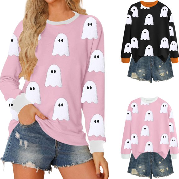 YVNAURA Halloween Graphic Pullover Crewneck Sweatshirt for Women Oversized Loose Fit Long Sleeve Pumpkin Ghost Bat Print Spooky Season Casual Fall Top 1 Pack, Pink,L