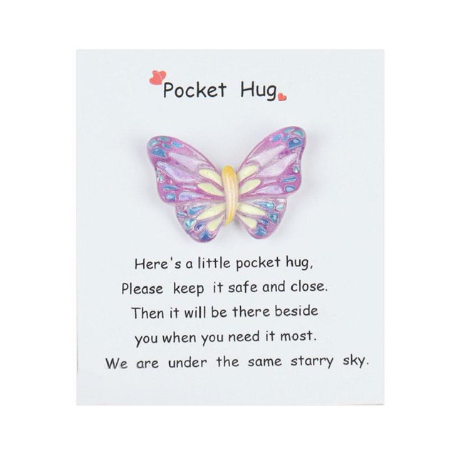 Ruifaya Pequeño abrazo de bolsillo con mariposa de resina, mini figuras de mariposa de resina con regalos de apoyo de felicitación, tarjeta Inspira, pequeño emotivo con