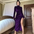 thumbnail image 4 of Women'S Long Sleeve Side Ruched High Slit Maxi Dress Mock Neck Velvet Bodycon Party Club Thigh Split Long Dress M, 4 of 7