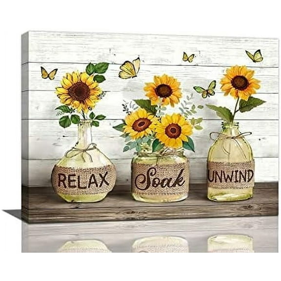 Farmhouse Bathroom Decor Wall Art Rustic Sunflower Bathroom Pictures Canvas Print Country Bathroom Painting Prints Wall Decor Framed Artwork Decor for Living Room Bathroom 12"x16"