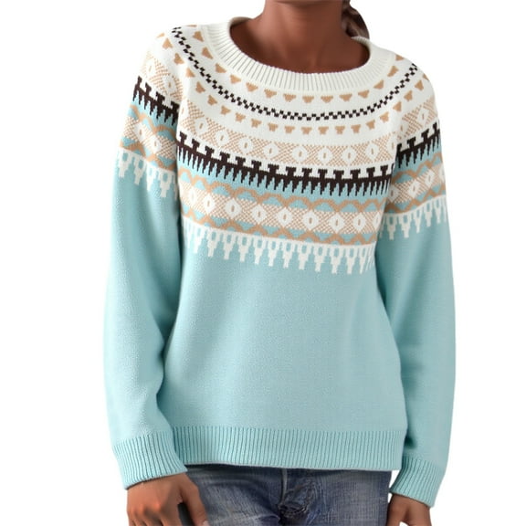 sususu Fair Isle Christmas Sweater Women Casual Knitted Sweaters Long Sleeve Crewneck Colorful Loose Pullover Jumper Tops,A02-Sky Blue,M