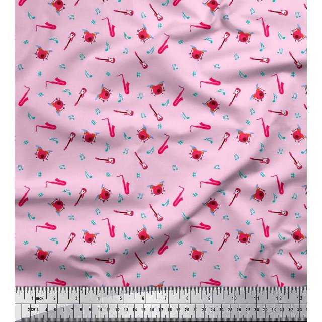 Soimoi Cotton Jersey Fabric Notes,Guitar & Drumkits Musical Instrument Print Fabric by Yard 58 Inch Wide