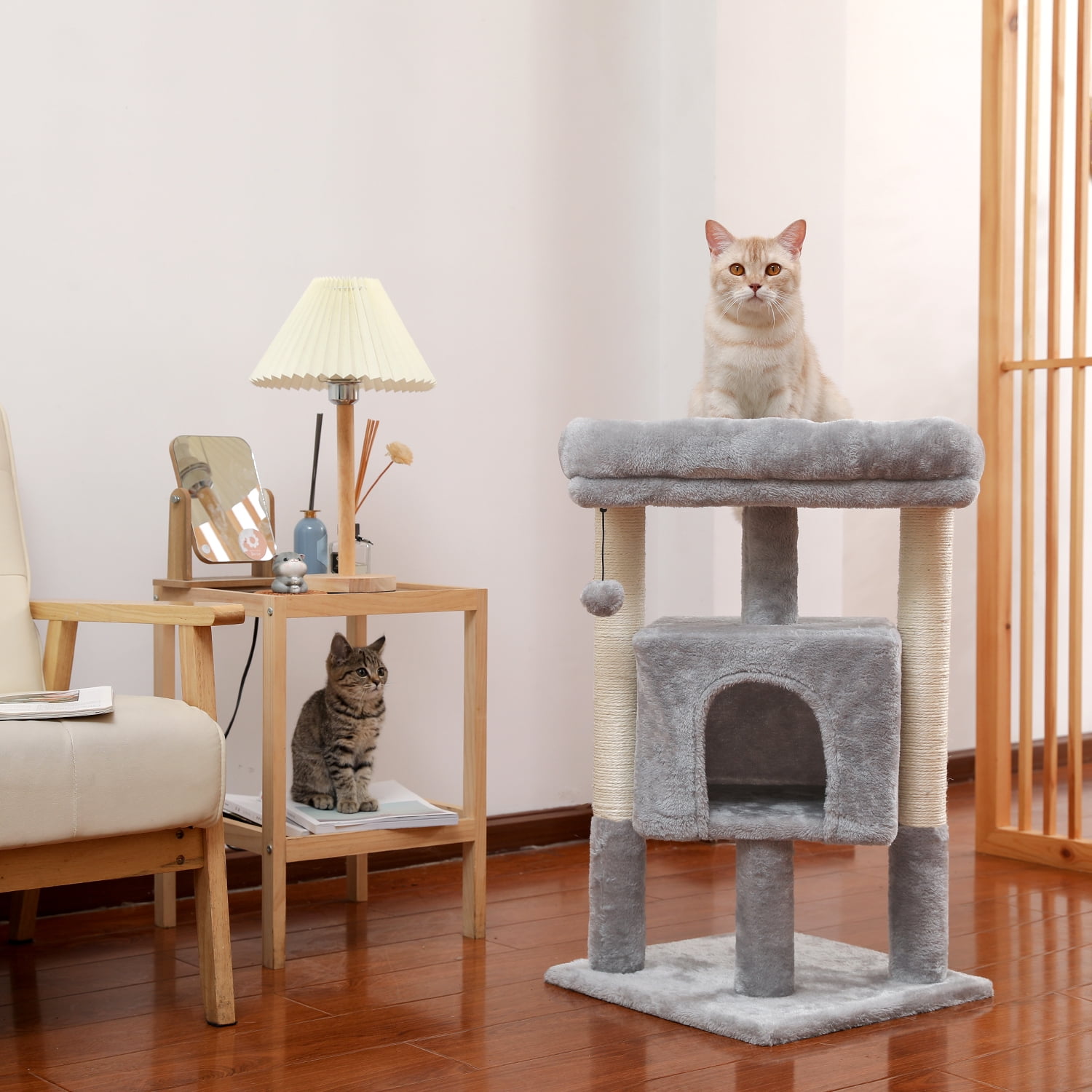 Kepooman Multi-Level Indoor Cat Tree with Scratching Posts, Modern Cat House Furniture Activity Tower with Perch, Kittens Condo, Hanging Ball to Play, Grey Kepooman Multi-Level Indoor Cat Tree with Scratching Posts, Modern Cat House Furniture Activity Tower with Perch, Kittens Condo, Hanging Ball to Play, Grey