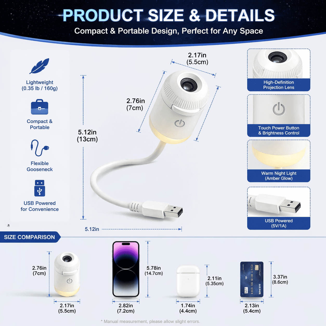 2-in-1 Galaxy Night Light Projector with 360° Adjustable Gooseneck, USB Powered Starry Sky Projection with 3 Sliding Films, Adjustable Brightness for Bedroom, Car, and Home Decoration