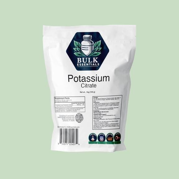 Bulk Essentials Potassium Citrate Supplement – 100g Pure Powder for Muscle, Heart, Nerve & Electrolyte Support – USA Made, Non-GMO & Gluten Free – Potassium Supplement 300mg Per Serving