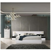 Modern Glam 4 Piece Queen Size Bedroom Set, Lacquer Finish Platform Bed 2 Nightstands and Chest, White/Black