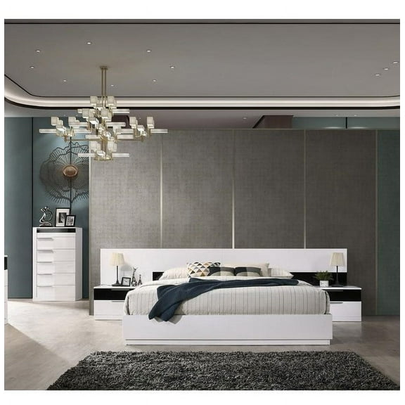 Modern Glam 4 Piece Queen Size Bedroom Set, Lacquer Finish Platform Bed 2 Nightstands and Chest, White/Black