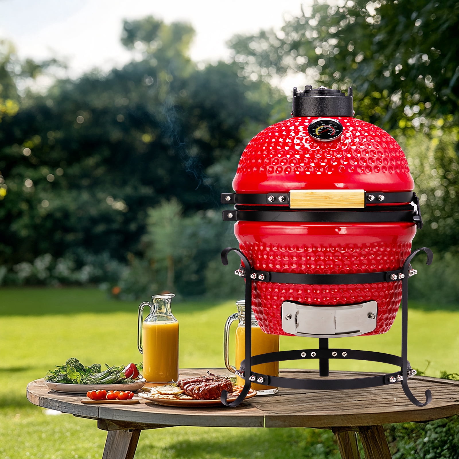 BAYUELSWU 13in Round Ceramic Charcoal Grill, Kamado Grill Charcoal BBQ Grill Portable Cooking for Backyard, Camping, Garden, Patio (Red)