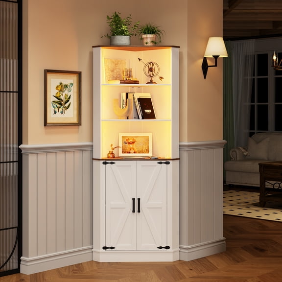Farmhouse Corner Cabinet with LED Light, 67" Tall Bathroom Cabinet with 2 Doors and 3 Tier Shelves, Free Standing Corner Storage Cabinet for Living Room, Bedroom or Kitchen, Antique White