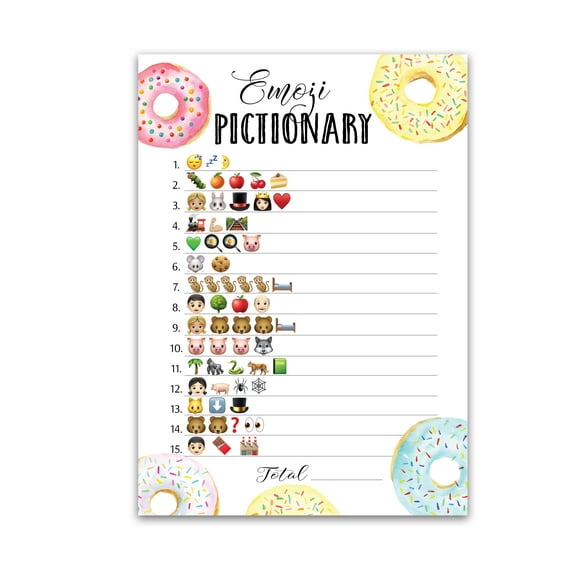 DONUT EMOJI Baby Shower Game — Pack of 25 — EMOJI Pictionary Children's Books Baby Shower Games, Doughnut Theme Pink Blue Baby Shower Gender Reveal Party, Sprinkle Pregnancy, Couples Shower G850-EMJ