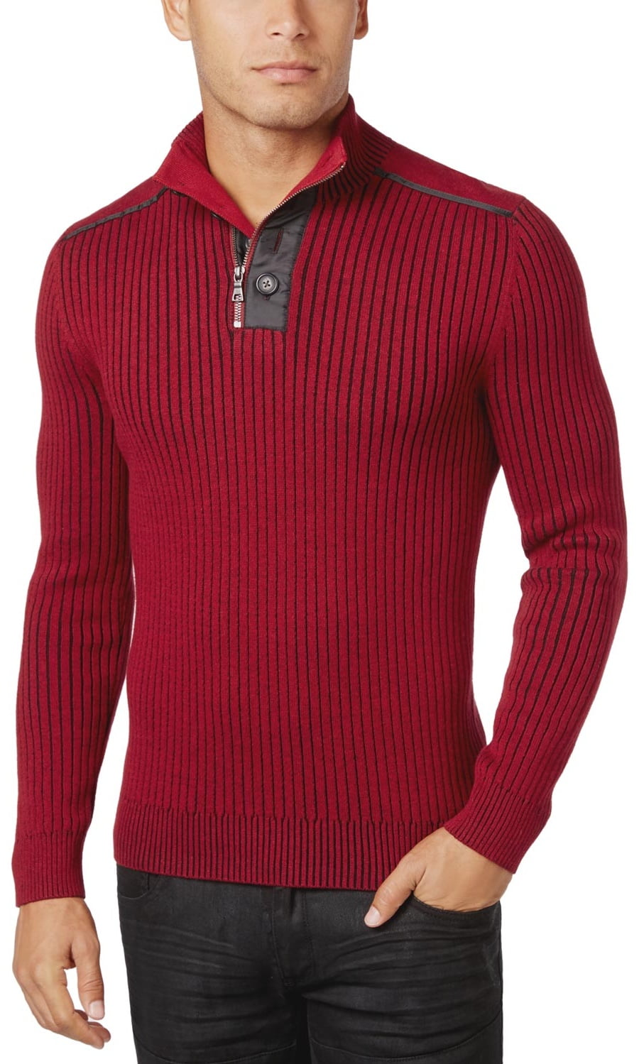 INC International Concepts - Quarter Zip and Button Ribbed Sweater Red XXL / 2XL - Walmart.com 