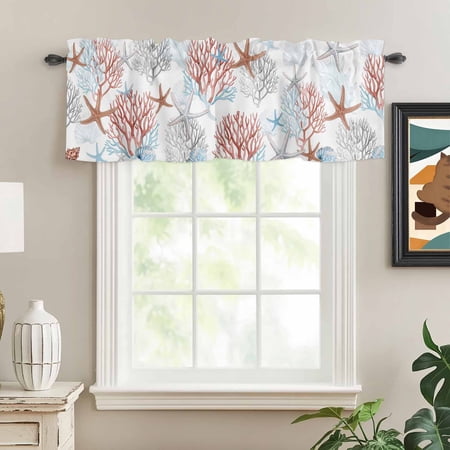 Valances for Windows Summer Oceans Red Gray Corals Kitchen Curtain Valance Short Rod Pocket Panels Marine Life Sea Stars Small Window Treatment for Living Room Bedroom Bathroom 54 Wx18 L