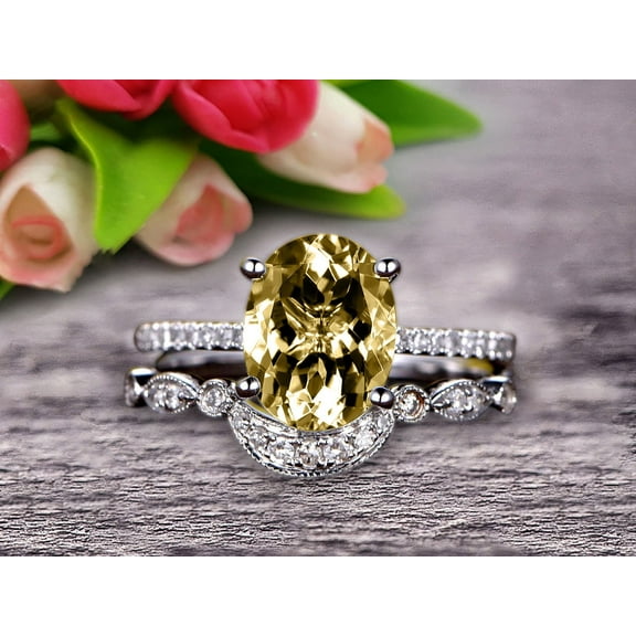 2.25 Carat 8x6mm Oval Cut Champagne Diamond Moissanite Engagement Ring Set With Matching Band 10k White Gold Art Deco Curved Stacking Gift Ring