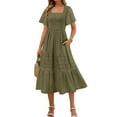 thumbnail image 2 of Ecqkame Women's Fashion Long Dresses Summer 2025 Short Sleeve Square Neck A Line Dress Casual Ruffle Tiered Flowy Beach Dress with Pockets 02-Army Green XL, 2 of 9