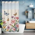 thumbnail image 2 of Spring Flowers No Hook Shower Curtain with Snap in Liner Yellow Purple Floral Butterflies Vintage Linen Waterproof Bathroom Shower Curtain with See Through Top Window for Bathtub 54" x 78", 2 of 9