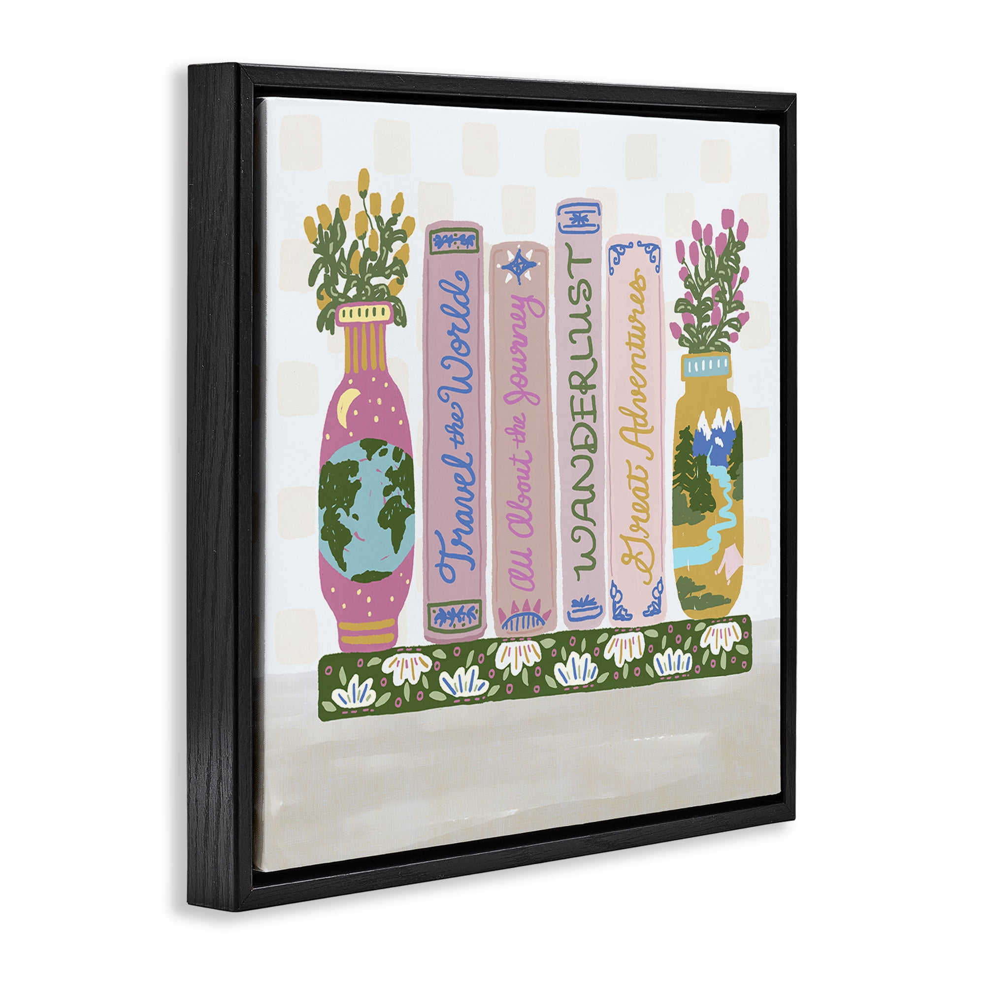 Stupell Industries Boho Travel Books Shelf Black Framed Floater Canvas Wall Art, design by Connie Summers