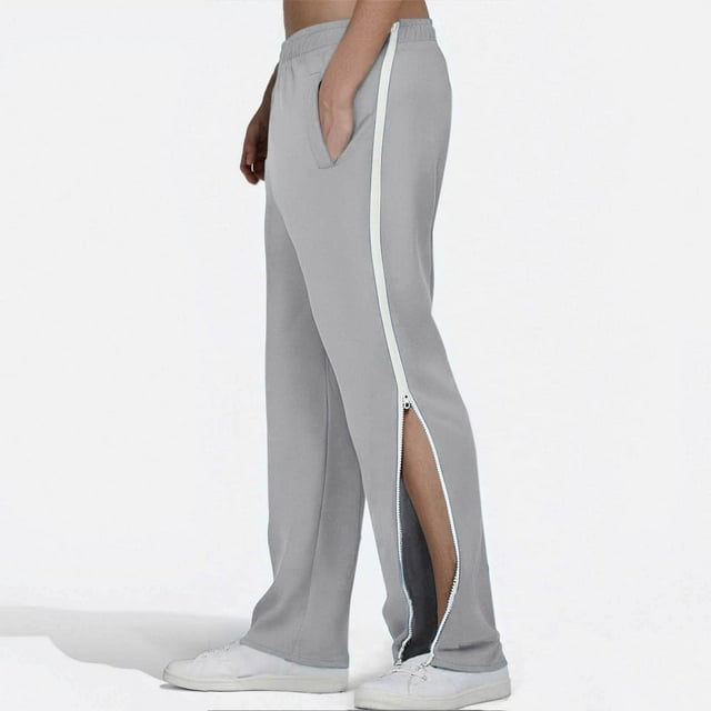 HOZADOIE Casual Pants for Men Solid Color Side Zip up Adjustable Slit Fashion Design Elastic Waistband Comfortable Pants Wide Leg Pocketed Lightweight Long Pants Spring Fall Trousers