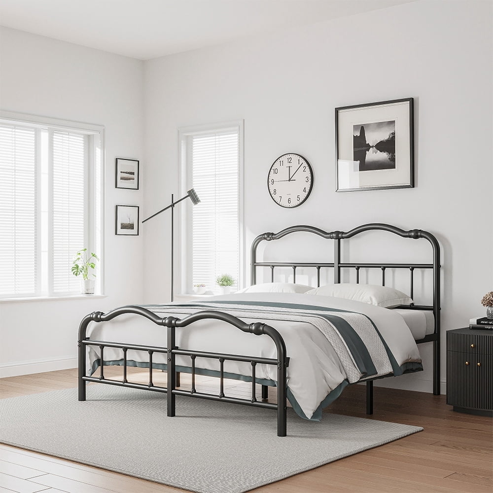 Heavy Duty Anti-Sway 18 Inch High Steel Tube Iron Bed, Double Wave Headboard And Footboard Full