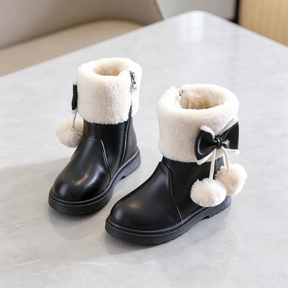 Eltusu Girls Winter Snow Boots, Mid-Calf No Slip Warm Princess Windproof Boots Black Size 12 Little Kids