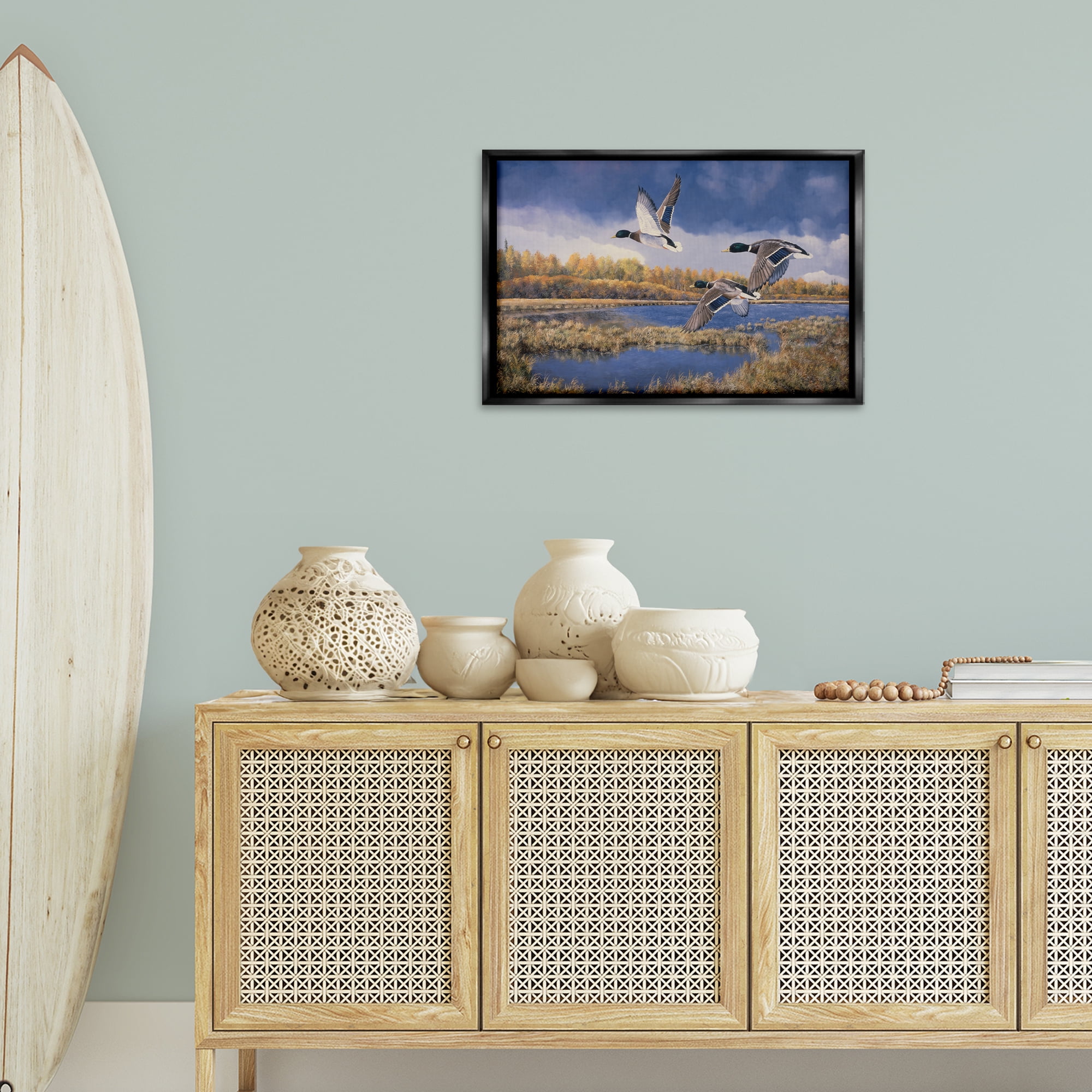 Stupell Industries Ducks Heading South Landscape & Nature Painting Black Floater Framed Canvas Art Print Wall Art, 25 x 17